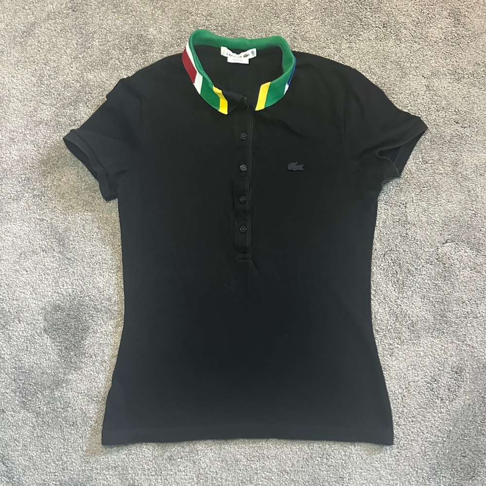 Lacoste Polo Shirt Men 36 Black Multi Color Stripe Collar Pique Romania F1337